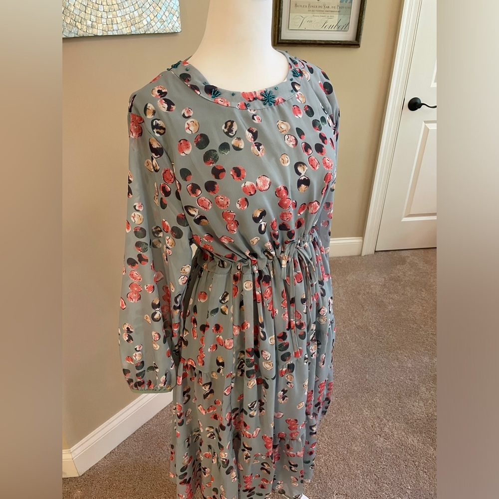 NWT SooLinen Floral Natural Linen Long Dress- Flattering Flexible Cinch Waist